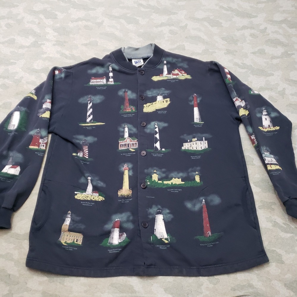 Vintage Art Unlimited Sweatshirt Womens XL Blue Button Front Light House